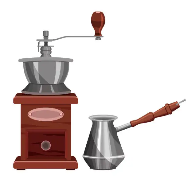 Vector illustration of A manual coffee grinder and a turk for brewing coffee, isolated on a white background.Retro vector illustration for coffee shops,restaurants.