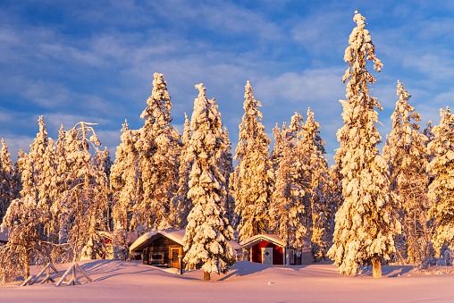 View of the forest covered with snow and mountains wooden huts under the snow, Swedish Lapland, Sweden, Scandinavia