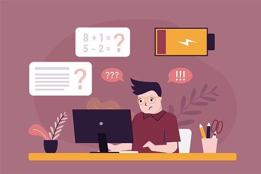 Unhappy Math Tired Schoolboy Sits At Workplace And Uses Computer To Study Unhappy ...