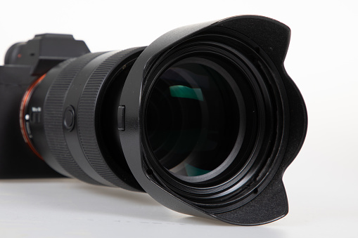 Camera lens on black background