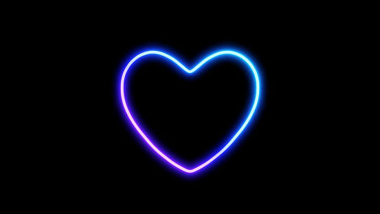 3D Illustration.Neon hearts on black background. Neon material glowing in purple and blue.