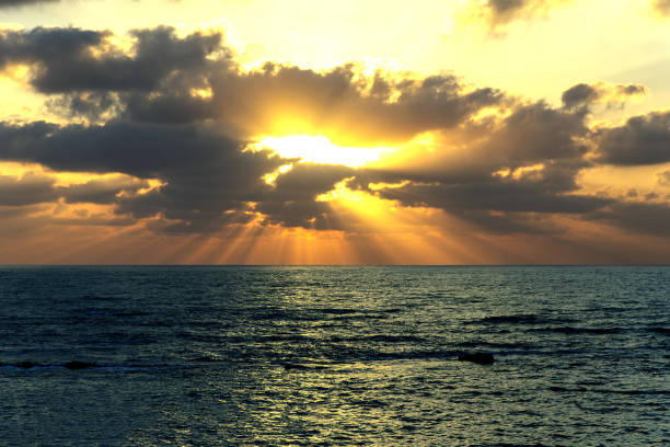 Bright sun at sunset. Mediterranean Sea in Sur (Tyr). Lebanon