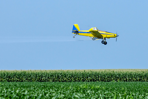 Air Tractor AT-502B crop duster airplane spraying a soybean field wih insecticide. Story  County, Iowa, USA.