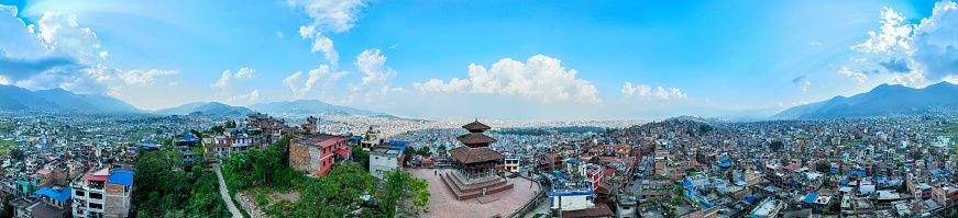 Aerial view of Uma Maheshwar Temple, Kirtipur, Nepal. Kathmandu. Palaces and buildings. Terraces and homes, city streets. 10-13-2023