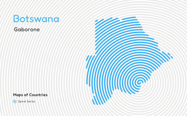 Abstract map of Botswana with circle lines. identifying its capital city, Gaborone. African set. Spiral fingerprint series colonies map stock illustrations