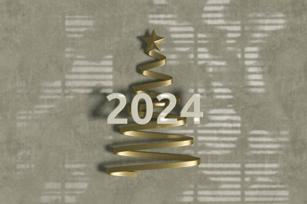 2024 new year and christmas tree on gray background. - confetti new years day new year christmas imagens e fotografias de stock