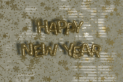 Happy New Year balloons on gray color background. Digitally generated image.