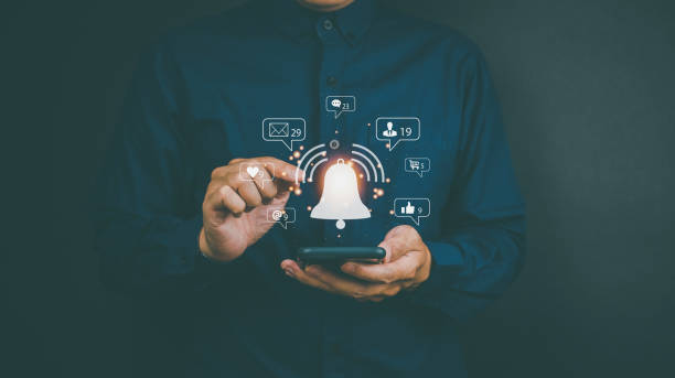 istock Businessman and message notification on realistic screen. Text connects global communication with work organizations, letters, business communications, resumes, online resumes, contacts. 1746004638
