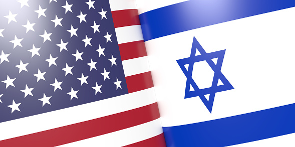 American and Israeli national flag background.  Horizontal illustration in 3D with copy space.