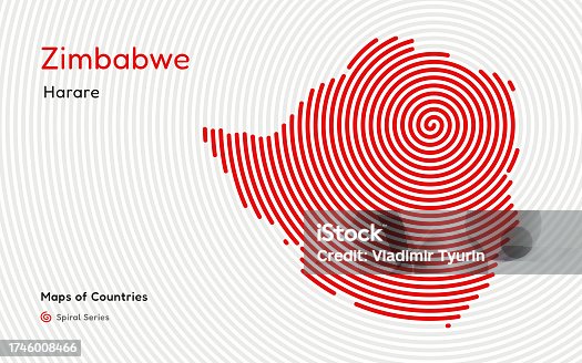 istock Abstract Map of Zimbabwe in a Circle Spiral Pattern with a Capital of Harare. 1746008466