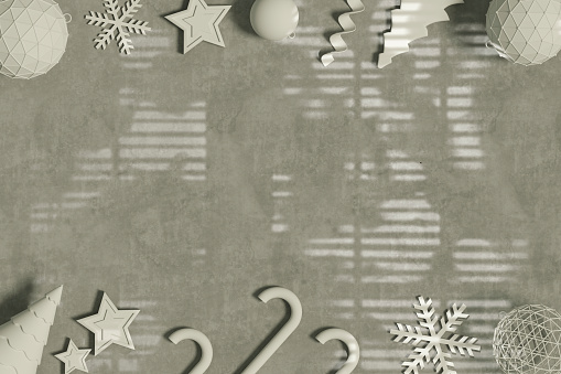 Christmas ornaments on gray background, new year concept. Digitally generated image.