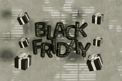 Black Friday balloons on gray background. Digitally generated image.