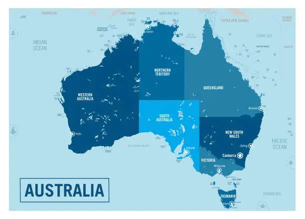 Vector illustration of Australia country political map. Detailed vector illustration with isolated provinces, departments, regions, cities, islands and states easy to ungroup.