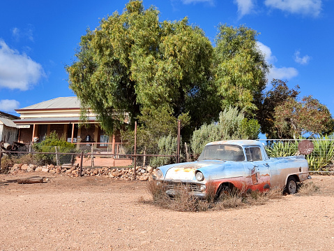 Rusty pick-up outside an art gallery in Silverton, a small village at the far west of New South Wales, Australia. The town is often referred to as a ghost town, however, there remains a small permanent population and is a film set and popular tourist destination in the area.