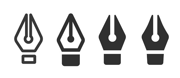 Fountain nib ink pen icon vector graphic simple pictogram line outline art symbol set, dip quill curvature tool pencil glyph silhouette for drawing interface ui, old retro calligraphy ballpoint sign