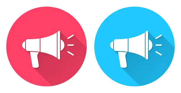 Vector illustration of Megaphone. Round icon with long shadow on red or blue background