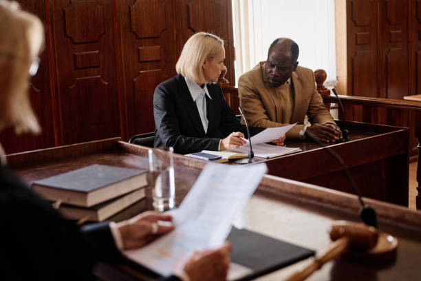 istock Two mature professional attorneys in formalwear discussing documents 1746060719