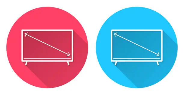 Vector illustration of TV screen size. Round icon with long shadow on red or blue background