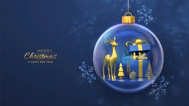 Vector illustration of Christmas greeting card. Gold deer, gift box, golden showflake and shining ball, metallic spruce trees in a glass ball. New Year Xmas background, Holiday poster, banner, flyer. 3D Vector illustration.