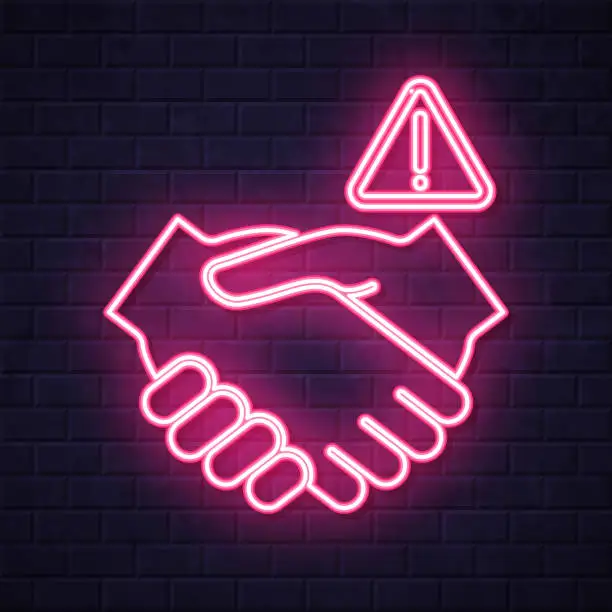 Vector illustration of Avoid handshakes. Glowing neon icon on brick wall background