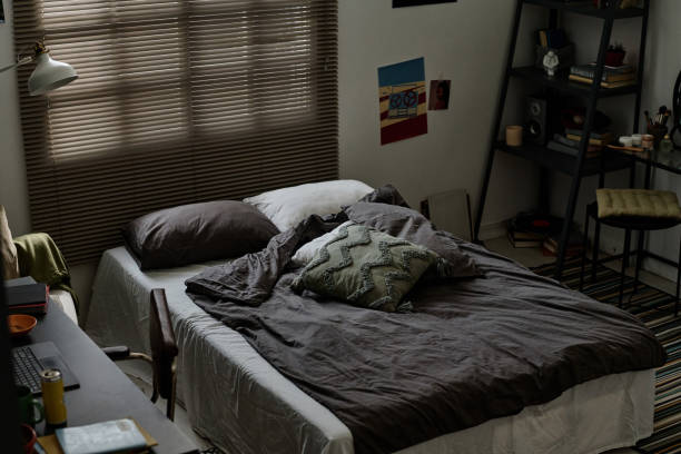istock Above angle of double bed with grey blanket and handmade cushions 1746067453