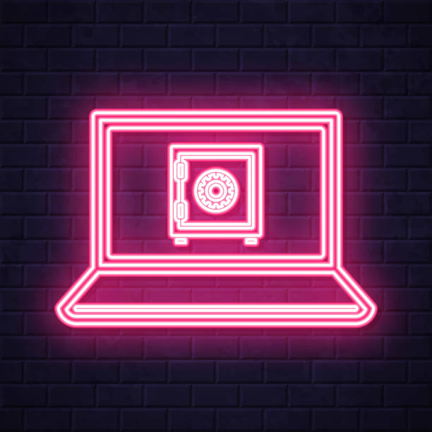 ilustrações de stock, clip art, desenhos animados e ícones de laptop with safe box. glowing neon icon on brick wall background - night deposit box