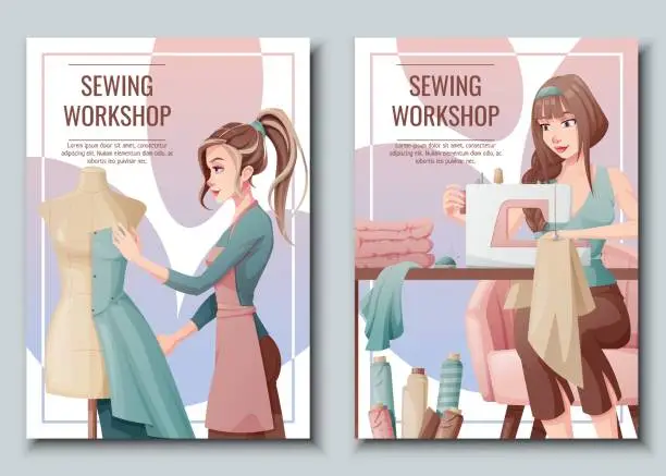 Vector illustration of Set of Flyer design with a seamstress working on a sewing machine Banner poster with a girl creating clothes on a mannequin. Work in a sewing workshop, atelier, tailoring courses.
