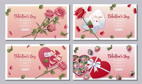 Set of sale banners for Valentine's day. Roses, chocolates, a declaration of love in an envelope. Landing page, Discount banner, advertising