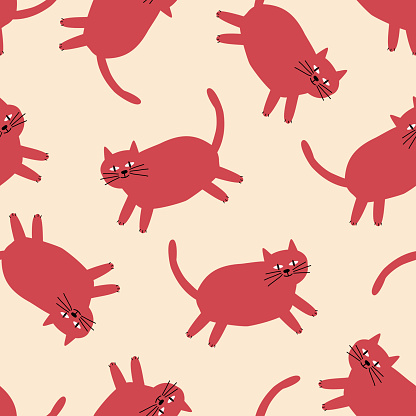 Funny red cat hand drawn vector illustration. Colorful animal seamless pattern for kids fabric or wallpaper.