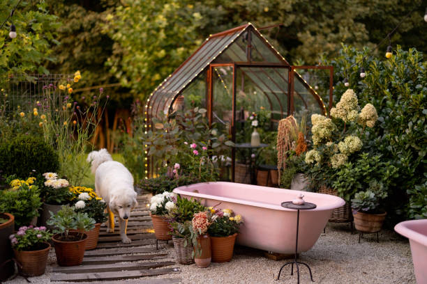 istock Beautiful garden with pink bathtub 1746111085