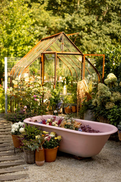 istock Beautiful garden with pink bathtub 1746113750