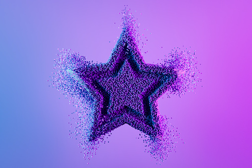 Exploding star shape with particles Christmas ornament on neon background, new year concept. Digitally generated image.