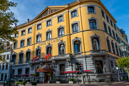 The Hague, the Netherlands - October 23 2023: Facade of well-known Dutch Hotel Des Indes