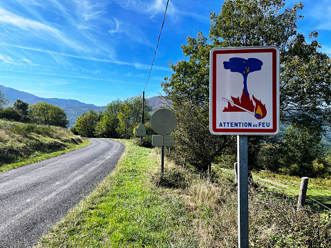 Summer fire warning sign in the Pyrenees