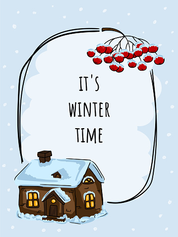 Winter hand drawn bright vector illustration, postcard with a house and a bunch of viburnum/