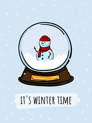 Winter hand drawn bright vector illustration of New Year and Christmas snowy glass ball with cute snowman.