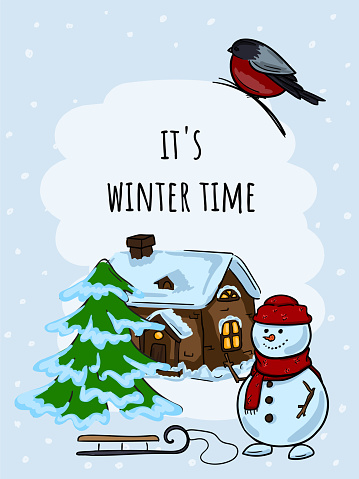 Winter hand drawn bright vector illustration, postcard with Christmas tree, house, snowman, bullfinch bird and sleigh.