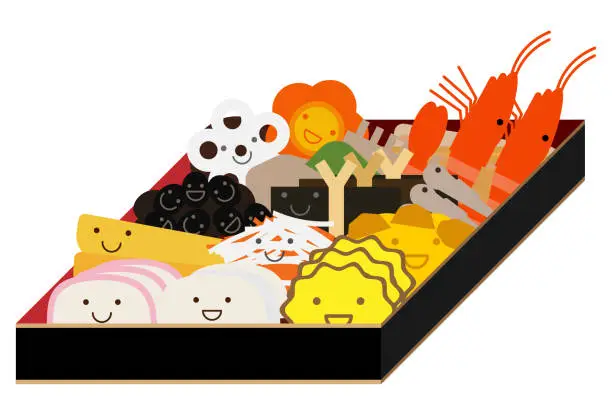 Vector illustration of Illustration set of cute characters of New Year's dishes in a box