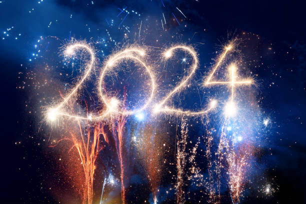 brylant szczęśliwego nowego roku 2024 z fajerwerkami - new years day zdjęcia i obrazy z banku zdjęć