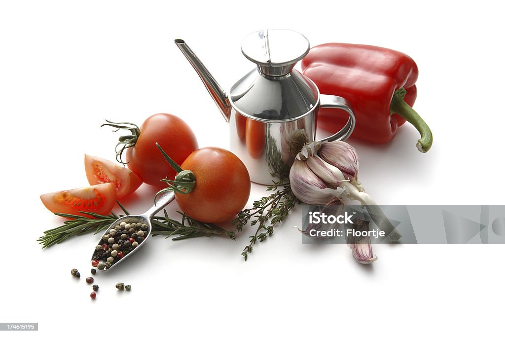 Sabor: Tomate, Bell-pimienta, aceite de oliva, el ajo y pimienta, tomillo - Foto de stock de Aceite de oliva libre de derechos