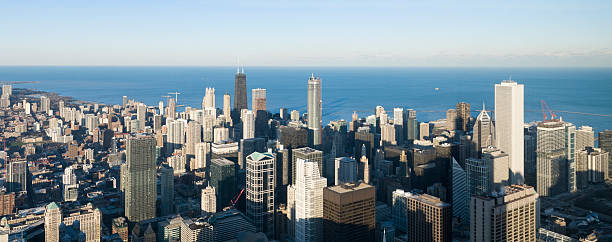 aérea de vista panorámica de los edificios de chicago (xxl - chicago skyline antenna panoramic fotografías e imágenes de stock