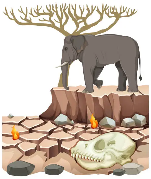 Vector illustration of Desolate Landscape with Elephant and Death Animal Skull