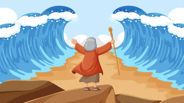 Vector illustration of Moses Parting the Red Sea: A Vector Cartoon Illustration