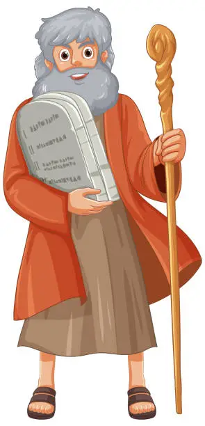 Vector illustration of Moses Cartoon Character Holding Ten Commandments