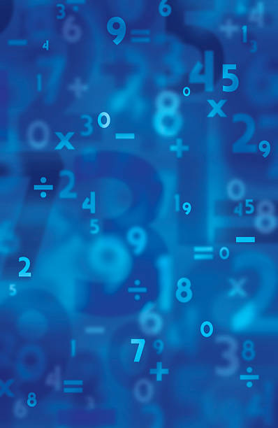 Background Numbers "Brightly colored blue background with numbers (original type) interacting with each other. Some numbers are slightly blurred, others are completely out of focus." mathematics symbols stock pictures, royalty-free photos & images