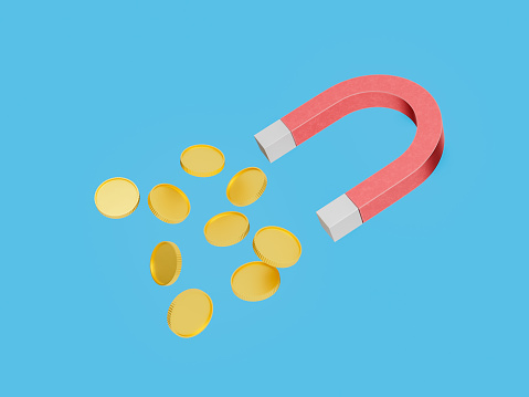 Magnet attracting golden coins on a blue isolated background. 3d rendering