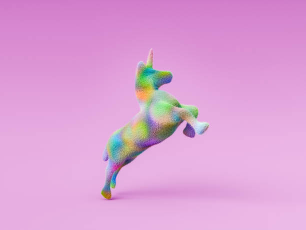 Furry unicorn with rainbow colors jumping on a pink studio background. 3d rendering