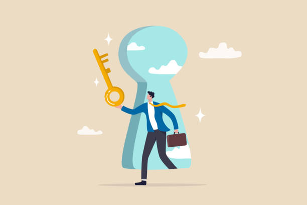 illustrations, cliparts, dessins animés et icônes de découverte de la clé secrète du succès, offre d’emploi ou opportunité de carrière, clé de déverrouillage pour résoudre le problème, concept de réussite de la clé de leadership, porte ouverte de l’homme d’affaires par le trou de la serrure - déverrouiller