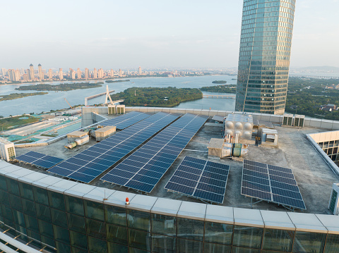 Solar power tiles on high-rise buildings