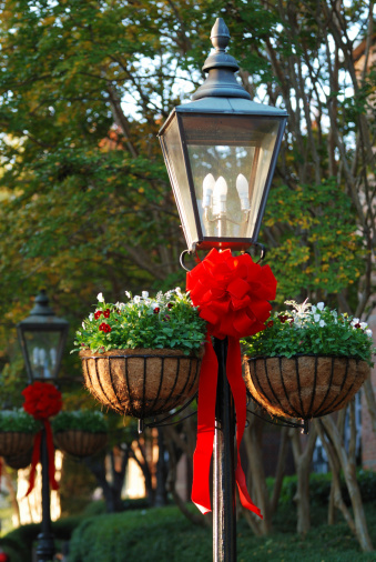 Street lamp with holiday bow